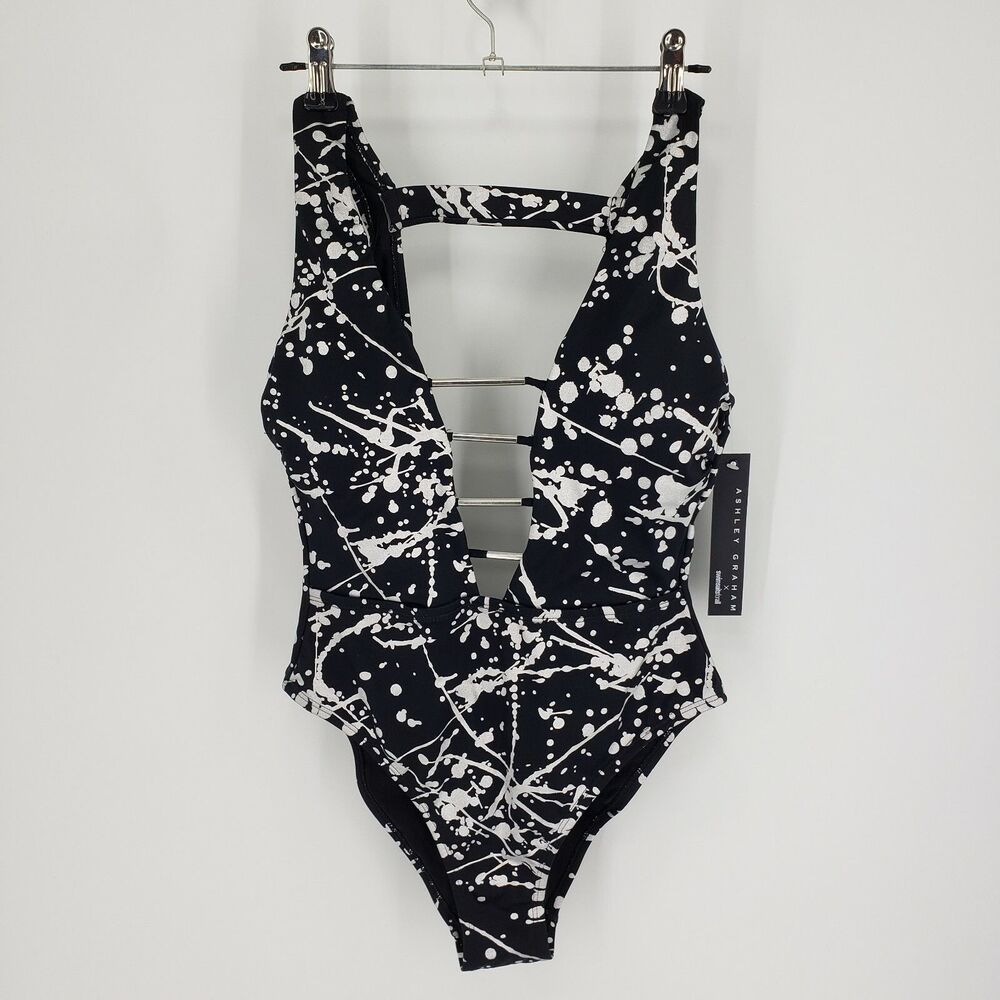 New Ashley Graham Black Metallic Silver Splatter Swimsuit One Piece Sz 4 Beach